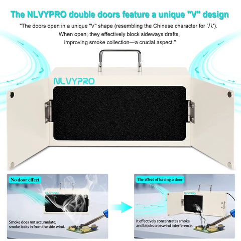 Dual Fan Soldering Fume Extractor With H13 HEPA Filter, 3200 RPM Smoke Absorber showing V-shaped doors