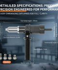 Detailed specifications of Electric Rivet Gun Adapter Kit With Removable Handle And Four Interchangeable Rivet Heads for drills.