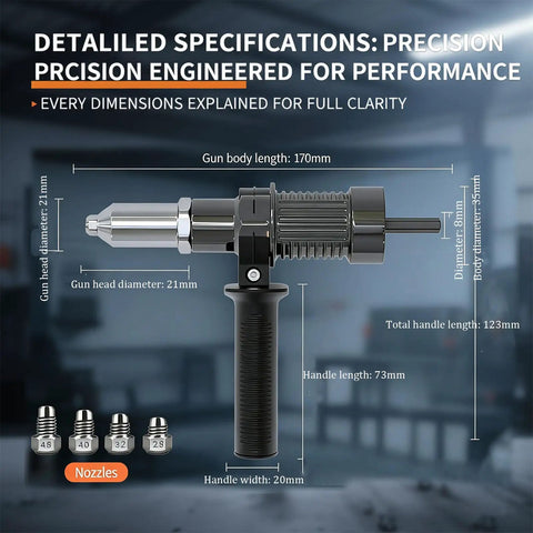 Detailed specifications of Electric Rivet Gun Adapter Kit With Removable Handle And Four Interchangeable Rivet Heads for drills.