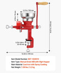 Manual Grain Mill With Low Hopper Hand Crank Cast Iron Grinder For Wheat Grains Spices Coffee Beans And Nuts Heavy Duty Table Clamp Dust Cover Non Electric Milling For Fresh Flavor At Home, side view, wooden handle, red cast iron body, table clamp attachment.