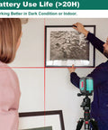 Man using Dual Mode Laser Level With Self Leveling Cross Lines, Pro Grade Accuracy, Vertical And Horizontal Alignment, Magnetic Bracket for picture hanging.