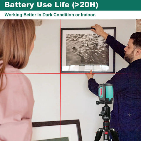 Man using Dual Mode Laser Level With Self Leveling Cross Lines, Pro Grade Accuracy, Vertical And Horizontal Alignment, Magnetic Bracket for picture hanging.