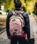 Person wearing Vintage Rose Bouquet Print Backpack Unisex Large Capacity Durable Polyester With Breathable Comfort And Smooth Zipper