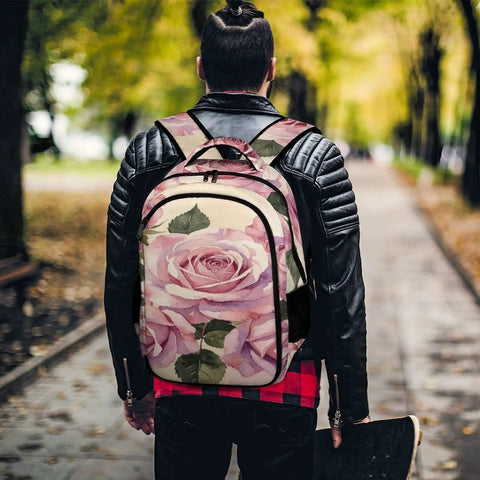 Person wearing Vintage Rose Bouquet Print Backpack Unisex Large Capacity Durable Polyester With Breathable Comfort And Smooth Zipper