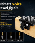 Heavy Duty 5 Hole Dowel Jig For Cabinet Crafting And Furniture Assembly Featuring Robust Alloy Steel Frame and precise drill bit guides.