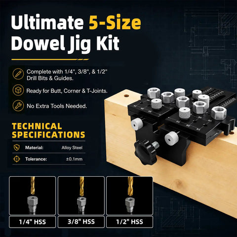 Heavy Duty 5 Hole Dowel Jig For Cabinet Crafting And Furniture Assembly Featuring Robust Alloy Steel Frame and precise drill bit guides.