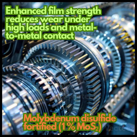 Close-up of automotive gears demonstrating enhanced film strength and molybdenum disulfide fortification for reduced wear.