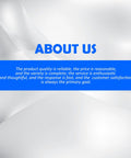 ABOUT US banner with blue text and service statement on white background