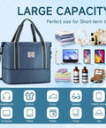 Travel Duffle Bag For Everyday Getaways Foldable Waterproof Weekender Carry On With Wet Compartment And Detachable Shoulder Strap, Metal Buckle Luggage For Women And Men, Peacock Blue shown with packed items like clothes and gadgets.