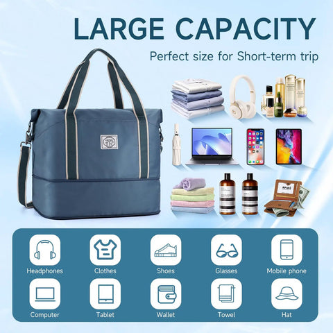 Travel Duffle Bag For Everyday Getaways Foldable Waterproof Weekender Carry On With Wet Compartment And Detachable Shoulder Strap, Metal Buckle Luggage For Women And Men, Peacock Blue shown with packed items like clothes and gadgets.