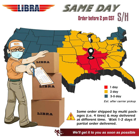 Map with delivery times and man next to stacked Libra boxes for Go Kart And ATV Tires 16x6x8 4PR Fox Tread Directional Tires Set Of 2