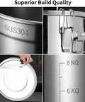 Detail of Straight Up Heavy Duty 304 Stainless Steel Beverage Dispenser With Easy Flow Spigot showing SUS304 engraving and secure lid.
