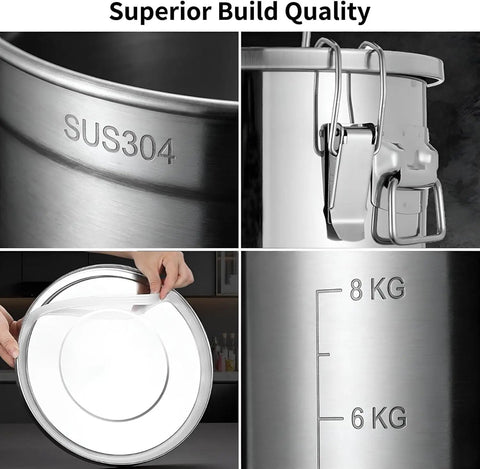 Detail of Straight Up Heavy Duty 304 Stainless Steel Beverage Dispenser With Easy Flow Spigot showing SUS304 engraving and secure lid.