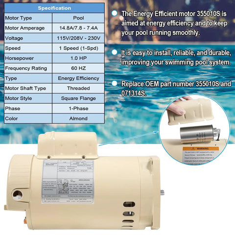 Energy Efficient 1 HP Pool Pump Motor Replacement For WhisperFlo WFE 4 WFE 26 And SuperFlo Pumps with specs table