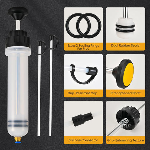 SOWKIPE 200CC fluid extractor pump with two white hoses, manual plunger, front view.