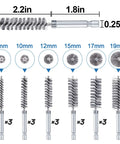 Eighteen Piece Wire Bore Brush Set With Quarter Inch Hex Shank For Power Drill Six Sizes From Eight To Nineteen Millimeters