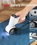 SEEKNEW Cordless Electric Scissors With LED Display showing safety features like blade guard and safety lock on blue fabric.