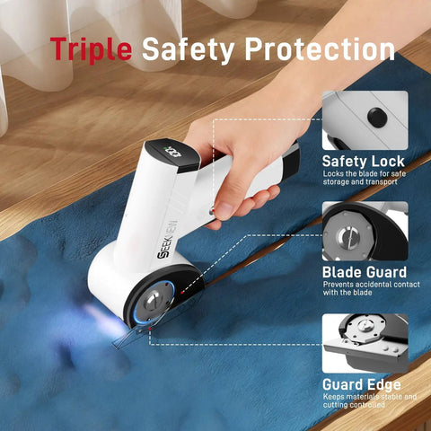 SEEKNEW Cordless Electric Scissors With LED Display showing safety features like blade guard and safety lock on blue fabric.