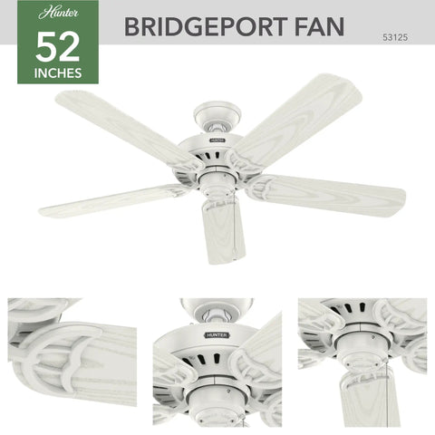 Bridgeport 52 Inch Indoor Outdoor Ceiling Fan with Pull Chain, Damp Rated, White Finish, No Light Fixture, Dope Airflow Motor