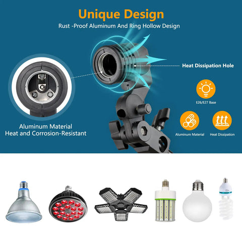 Heavy Duty Clamp Light Socket With Gooseneck For E26 E27 Bases Iron Carbon Alloy Mount with bulb options and features displayed.