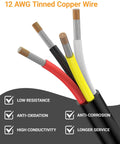 12 AWG tinned copper wires showing anti-corrosion, high conductivity properties for automotive electrical connectors.