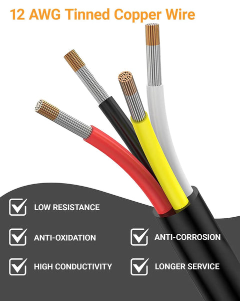 12 AWG tinned copper wires showing anti-corrosion, high conductivity properties for automotive electrical connectors.