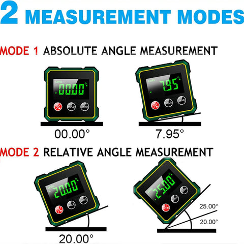 Image showing Digital Angle Finder With Laser Level And Inclinometer displaying modes for absolute and relative angle measurements.