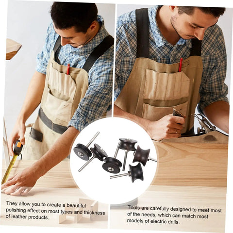 Six Piece Ebony Leather Burnisher Kit For Sharp Edges And Dope Polishing With Slick Fit For Rotary Drills And Badass Diy Leather Crafts Project Worth Every Dollar displayed with a craftsman using tools.