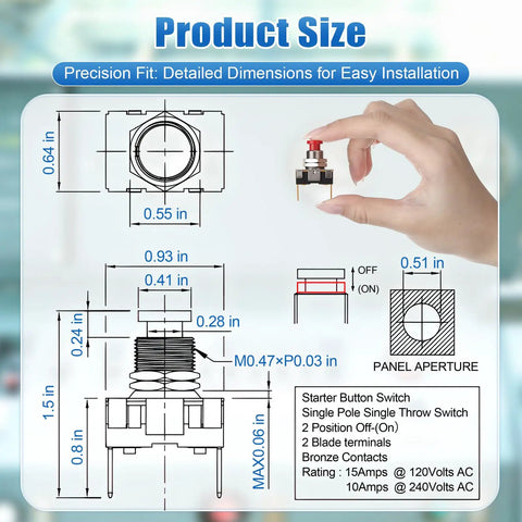 Dimensions and design of Marine Boat Horn Button Switch 12V 24V Dual Voltage SPST Momentary Red Push On Off Button