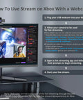 Instructions for using a USB camera to live stream on Xbox with a monitor and webcam setup.