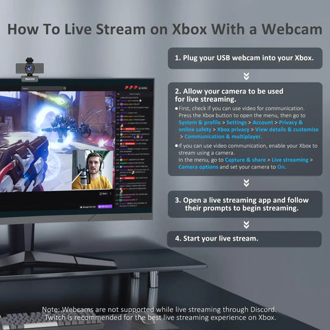 Instructions for using a USB camera to live stream on Xbox with a monitor and webcam setup.