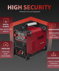 135Amp 110V 3 In 1 MIG Welder Flux Core MIG Lift TIG Stick Multiprocess Inverter With LED Digital Display Portable Welding Machine Red showcased with safety features.