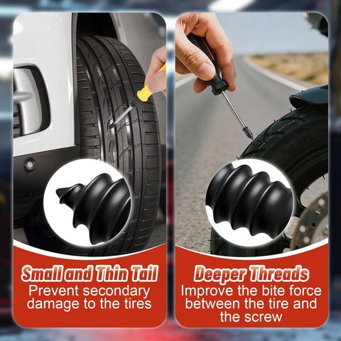 Close-up of 60 Piece Tire Repair Kit With Two Sizes Rubber Plugs And Vacuum Tire Plug Screws used on tires.