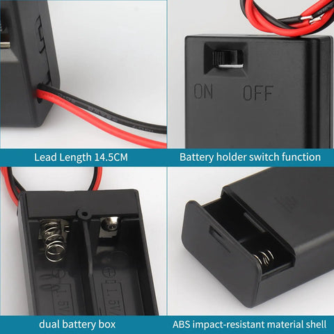 3 Pack Slick Dual AA Battery Case With Built In Toggle Switch And Hookup Wire Leads For Plug And Play Power Setup That Gets The Job Done Without Any Headaches Or Extra Wiring Hassles, showing ABS case and lead connections.