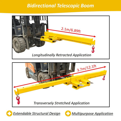 Heavy Duty Bidirectional Forklift Telescopic Boom And Adjustable Mobile Crane Hoist Built Tough From Strong Carbon Steel, 2.1m length.