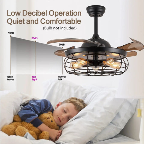 36 Inch Caged Ceiling Fan With Remote Control Industrial Vintage Chandelier Style Black Iron Cage 5 Light Fixtures 4 Blades