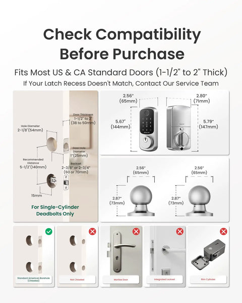Rock Solid Fingerprint Smart Door Lock Featuring A Genuine Childsafe Classic Round Knob dimensions compatibility chart