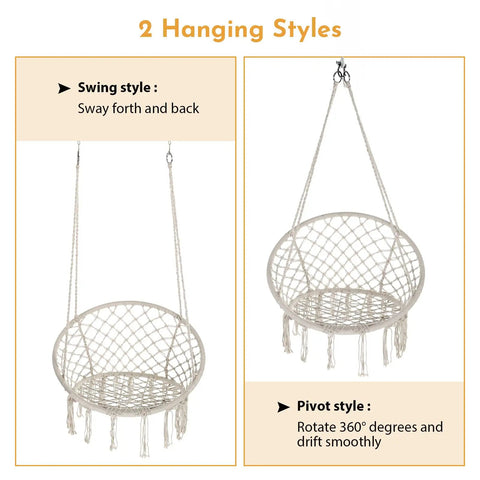 Cozy Hammock Chair Set Of 2 Macrame Swing Chairs With Tassels Bohemian Style Handwoven Cotton Rope Indoor Outdoor Beige Max 330 Lbs
