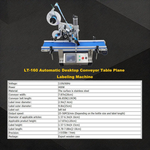 Straight Up Efficient 110V Quick Setup Automatic Desktop Conveyor Bottle Labeler Pro with Smart Touch Screen Display for Round Cosmetics Beverages and Grocery Stock on a black background.