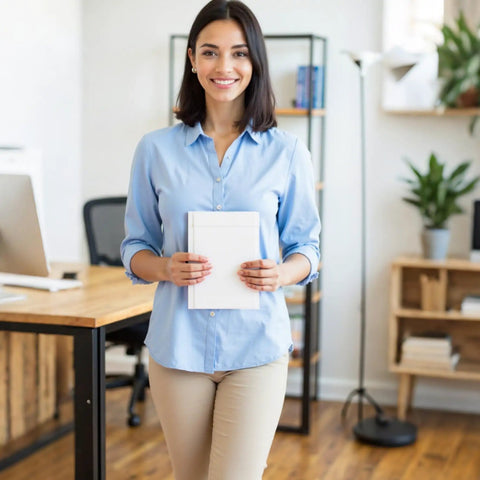 Smiling person in office holding a white notebook, dressed in a blue shirt and beige pants, with shelves and a desk in the background.