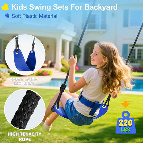 Child using the 3 In 1 Outdoor Swing Set With Saucer Swing Belt Seat And 4 Ft Trampoline Heavy Duty A Frame Metal Stand With Safety Stakes 440 Lb Capacity Backyard Playground For Toddlers 3 To 8 Years Old in a backyard setting.