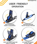 User guide showing steps to use Retractable Ratchet Straps 1 Inch By 4 Foot Heavy Duty Boat Transom Tie Downs Pack Of 2