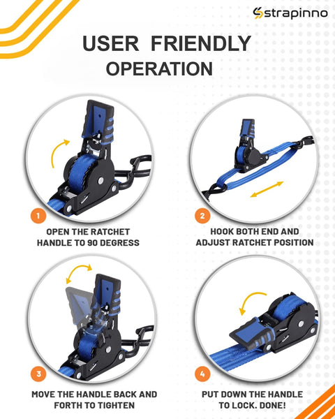User guide showing steps to use Retractable Ratchet Straps 1 Inch By 4 Foot Heavy Duty Boat Transom Tie Downs Pack Of 2