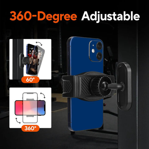 Magnetic Gym Phone Holder With 360 Degree Adjustable Base for secure mount on metal gym equipment shown with smartphone