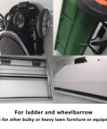 Heavy-Duty Wall Mount Ladder Hooks For Storage And Wheelbarrow Hangers For Garage Walls, shown with wheelbarrow and ladder stored.