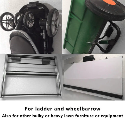 Heavy-Duty Wall Mount Ladder Hooks For Storage And Wheelbarrow Hangers For Garage Walls, shown with wheelbarrow and ladder stored.