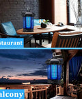 High Power 4200V Mosquito Killer For Indoor And Outdoor Use With 15W UV Lamp Waterproof Insect Trap shown in restaurant and balcony settings