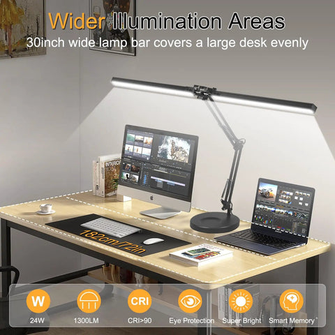 2 In 1 LED Desk Lamp With Clamp, 24W Ultra Bright Table Lamp over desk with computer, flexible swing arm.