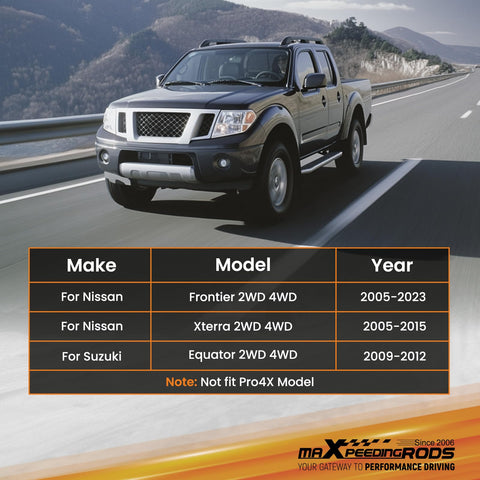 Truck equipped with 3 Inch Front And 2 Inch Rear Leveling Lift Kit For Nissan Frontier Xterra And Suzuki Equator 2005-2023 2005-2015 2009-2012 2WD 4WD Steel Lift Spacers For A Tough Aggressive Look, driving on a road.