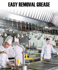Chefs working under stainless steel exhaust hoods in a commercial kitchen with Six Pack 19.5 By 19.5 Inch 430 Stainless Steel Hood Filters.